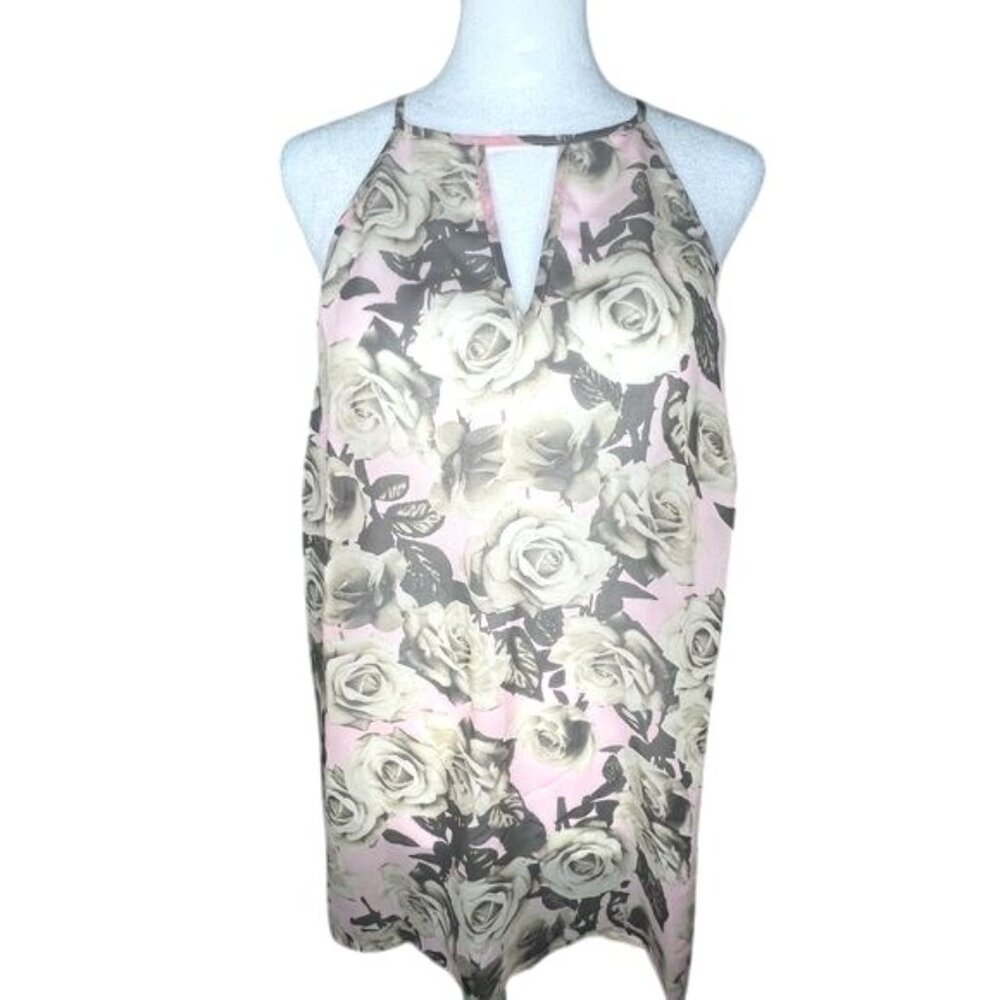 G By Guess Floral Halter Top With Keyhole Back Rose Print Pink & Gray Size Large